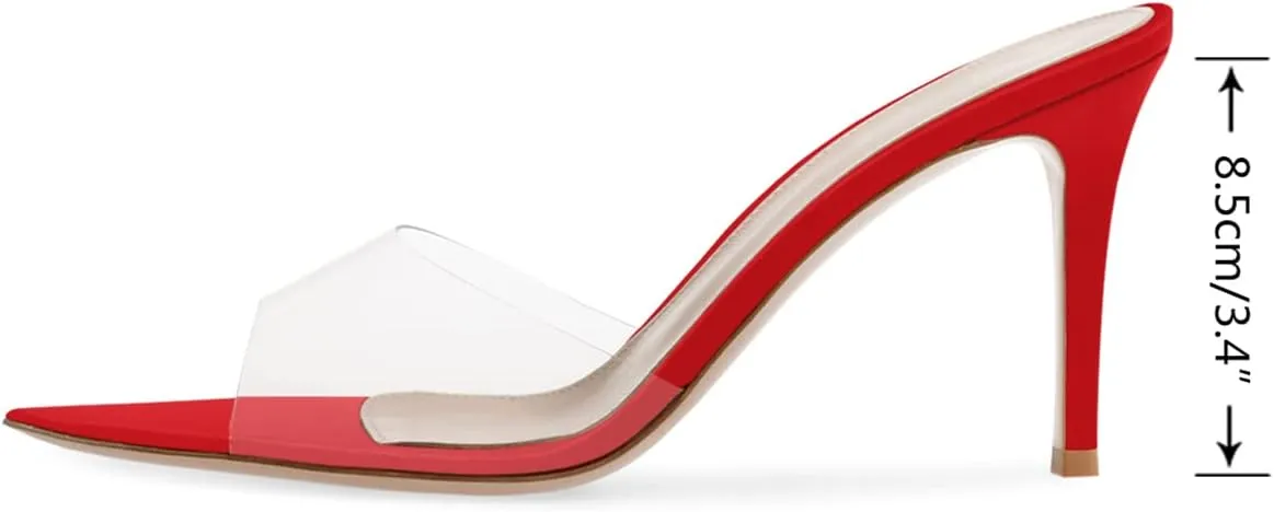 XINIUNIU Clear Mules for Women Heeled Sandals Pointed Open Toe Transparent Stilettos 3.5 inch Backless Slip On Dress Shoes for Party Wedding