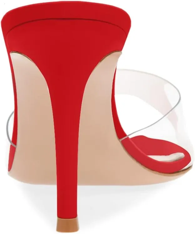 XINIUNIU Clear Mules for Women Heeled Sandals Pointed Open Toe Transparent Stilettos 3.5 inch Backless Slip On Dress Shoes for Party Wedding