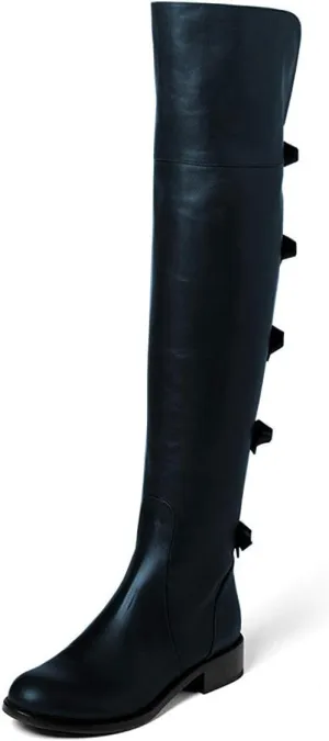 XYD Women Over The Knee Thigh High Leather Riding Boots Chunky Heel Round Toe Cute Rear Bowknots Stretchy Zipper Flat Booties Shoes