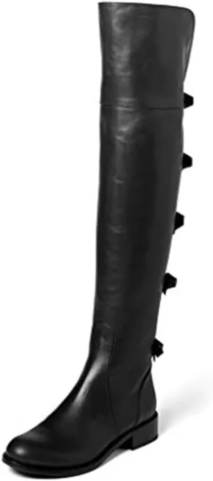 XYD Women Over The Knee Thigh High Leather Riding Boots Chunky Heel Round Toe Cute Rear Bowknots Stretchy Zipper Flat Booties Shoes