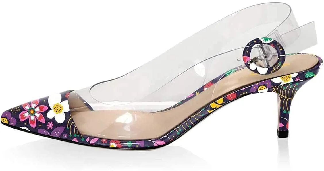 XYD Women Transparent Slingback Mid Kitten Heels Pumps Pointed Toe PVC Dress Sandals Clear Shoes with Buckle