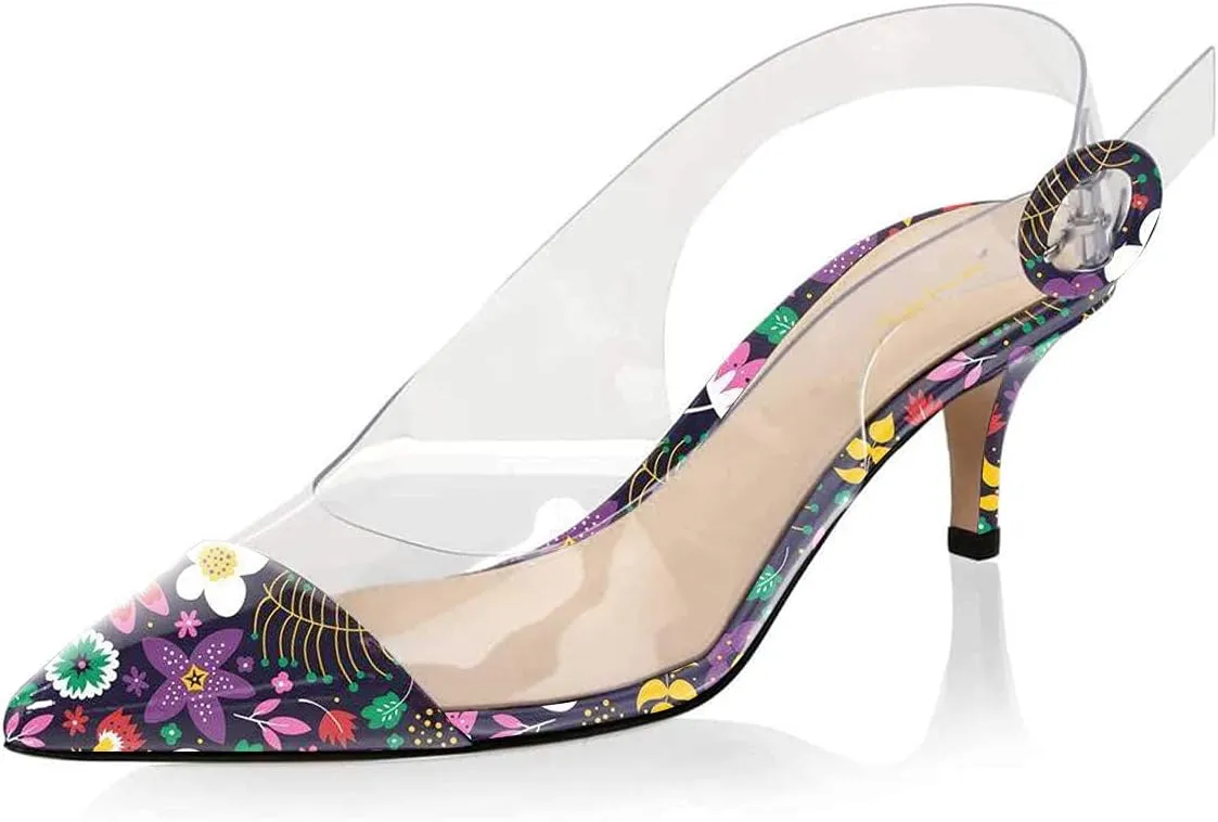 XYD Women Transparent Slingback Mid Kitten Heels Pumps Pointed Toe PVC Dress Sandals Clear Shoes with Buckle