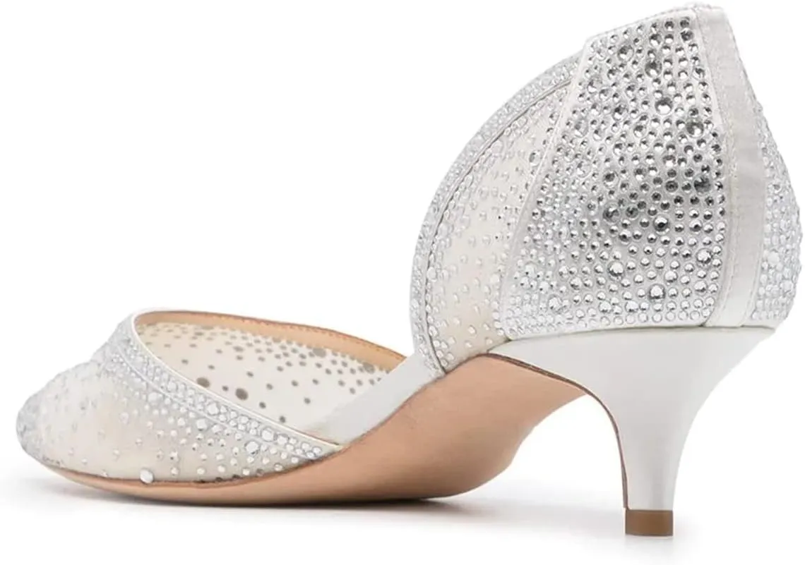 XYD Women's Pumps, Elegant Pointed Toe, D'Orsay Kitten Low Heels, Rhinestone Studs, Slip-On Satin Shoes for Wedding