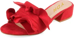 YDN Women Fashion Open Almond Toe Ruffles Slide Sandals Chunky Low Heel Slippers Pump Date Walking Shoes