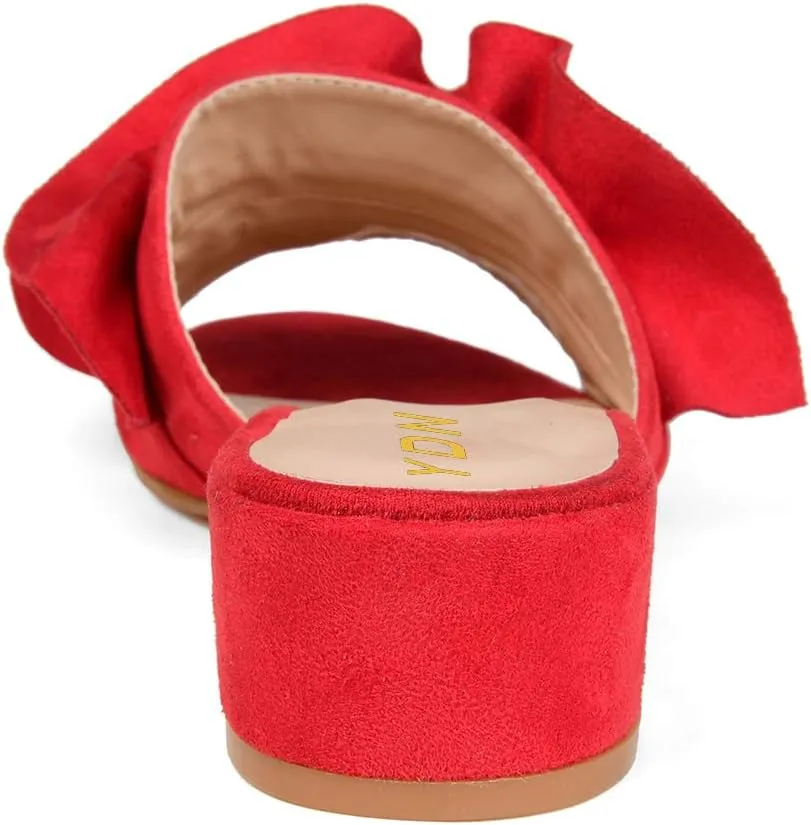 YDN Women Fashion Open Almond Toe Ruffles Slide Sandals Chunky Low Heel Slippers Pump Date Walking Shoes