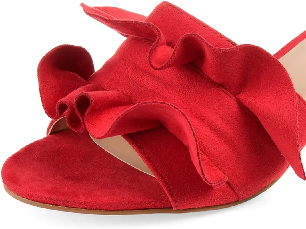 YDN Women Fashion Open Almond Toe Ruffles Slide Sandals Chunky Low Heel Slippers Pump Date Walking Shoes