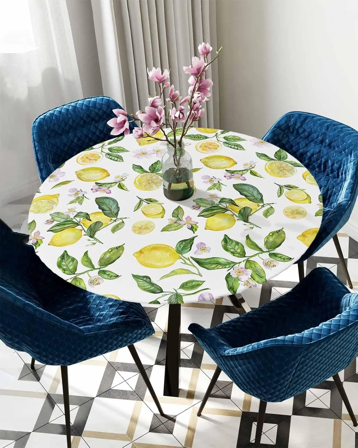 Yellow Round Tablecloth with Elastic, Waterproof Floral Lemon Tablecloths Fitted Table Cloth, Farmhouse Flowers Leaf Table Cover - Table Covers for Kitchen, Party, Camping, Outdoor Decor 36"-44"