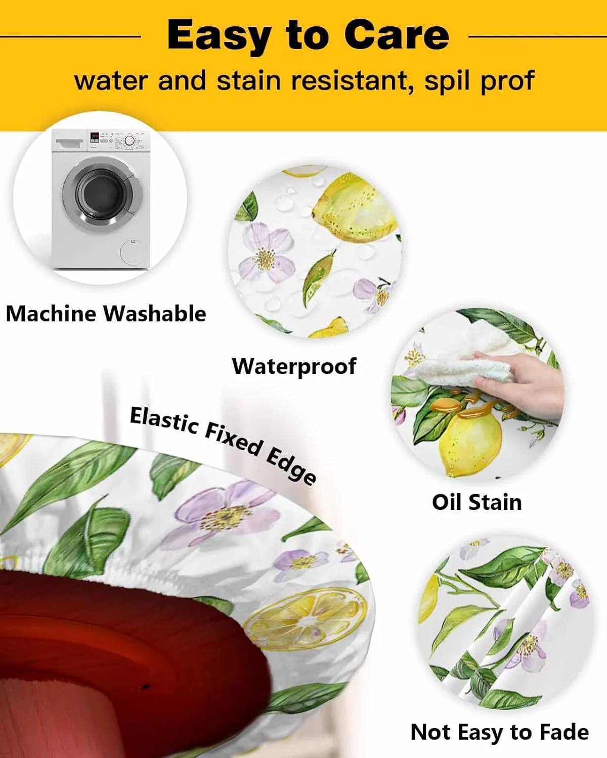 Yellow Round Tablecloth with Elastic, Waterproof Floral Lemon Tablecloths Fitted Table Cloth, Farmhouse Flowers Leaf Table Cover - Table Covers for Kitchen, Party, Camping, Outdoor Decor 36"-44"