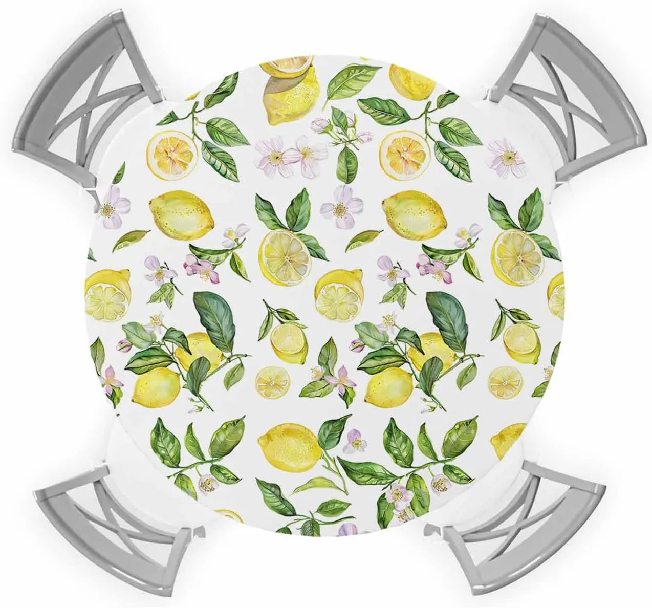 Yellow Round Tablecloth with Elastic, Waterproof Floral Lemon Tablecloths Fitted Table Cloth, Farmhouse Flowers Leaf Table Cover - Table Covers for Kitchen, Party, Camping, Outdoor Decor 36"-44"