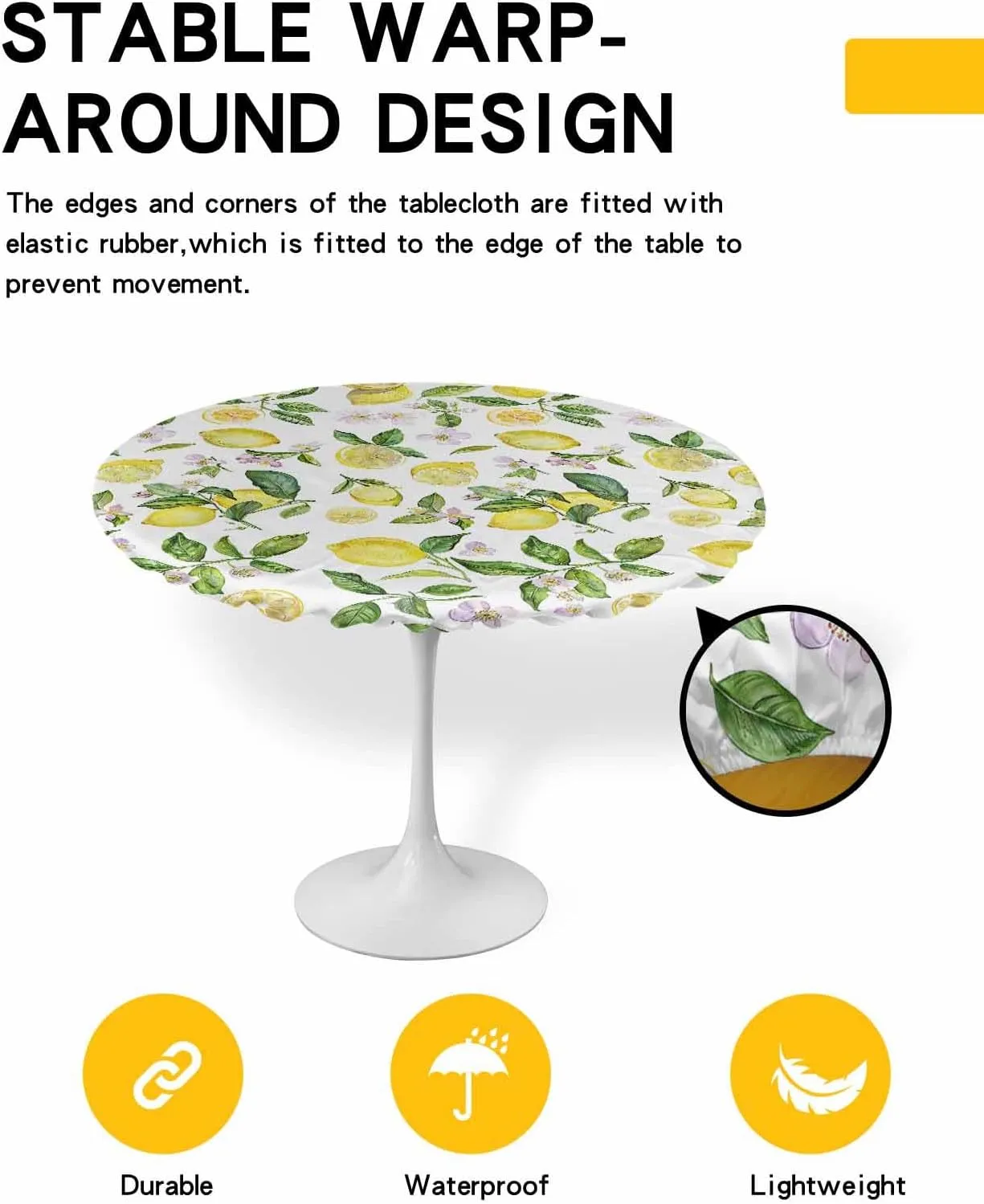 Yellow Round Tablecloth with Elastic, Waterproof Floral Lemon Tablecloths Fitted Table Cloth, Farmhouse Flowers Leaf Table Cover - Table Covers for Kitchen, Party, Camping, Outdoor Decor 36"-44"