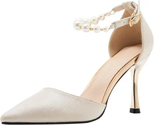 YooPrettyz Women D’Orsay Sexy High Heels Evening Bridal Shoes with Pearls Ankle Strap Formal Wedding Pump