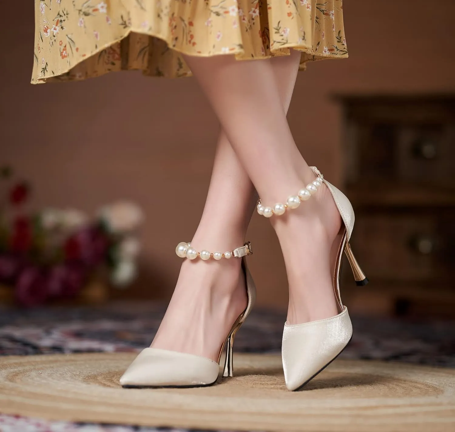 YooPrettyz Women D’Orsay Sexy High Heels Evening Bridal Shoes with Pearls Ankle Strap Formal Wedding Pump