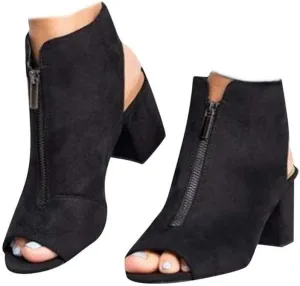 ZBYY Womens Open Toe Heel Sandals,Fashion Cutout Side Strap Zipper Chunky Heel Sandals Slip On Ankle Backless Booties