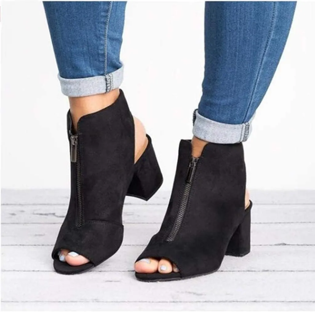ZBYY Womens Open Toe Heel Sandals,Fashion Cutout Side Strap Zipper Chunky Heel Sandals Slip On Ankle Backless Booties