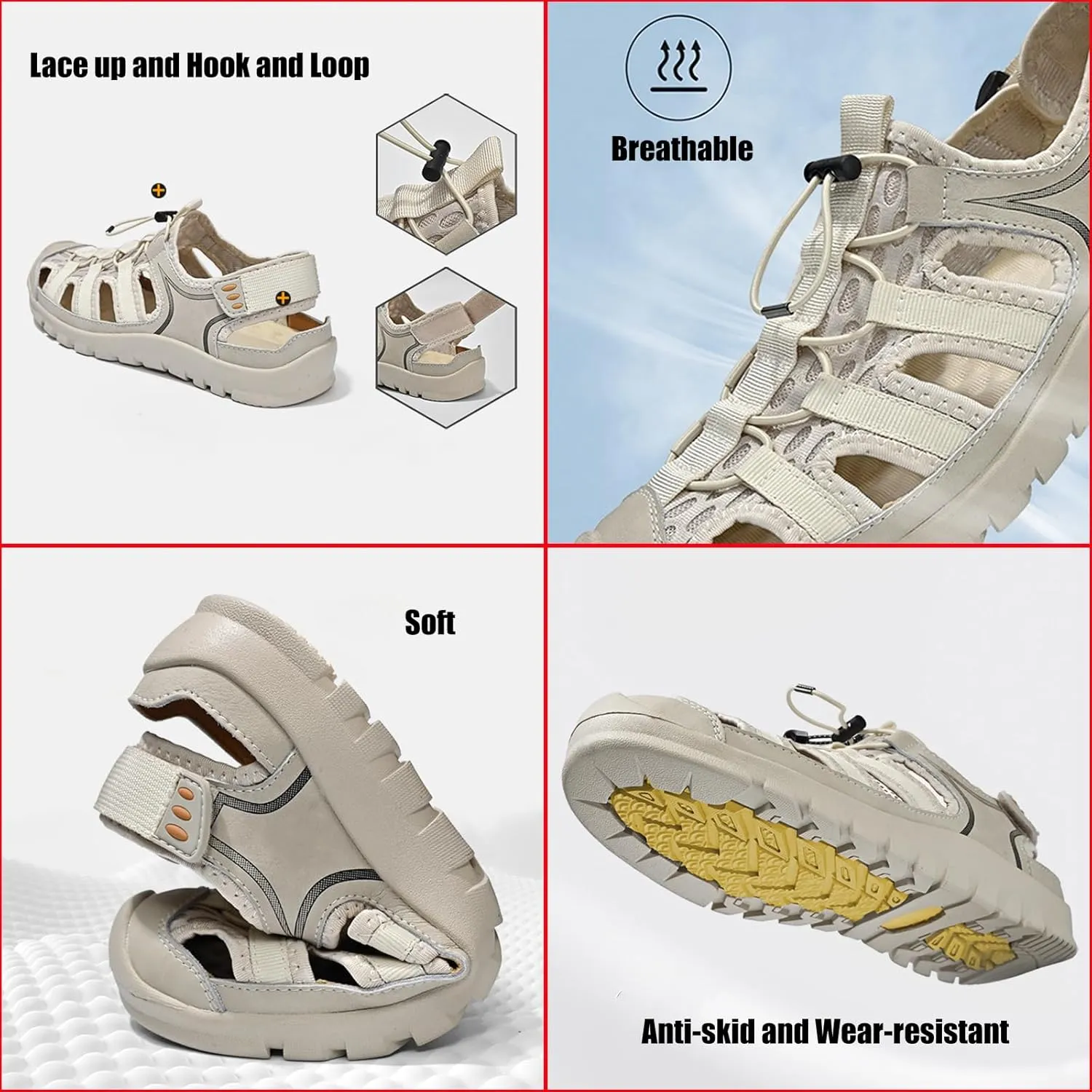 Zeberfi Men Hollow Genuine Leather Mesh Fisherman Sandals with Hook and Loop Fashion Lace Up Closed Round Toe Outdoor Athletic Casual Beach Shoes Summer Breathable Walking Sports Hiking Sandals