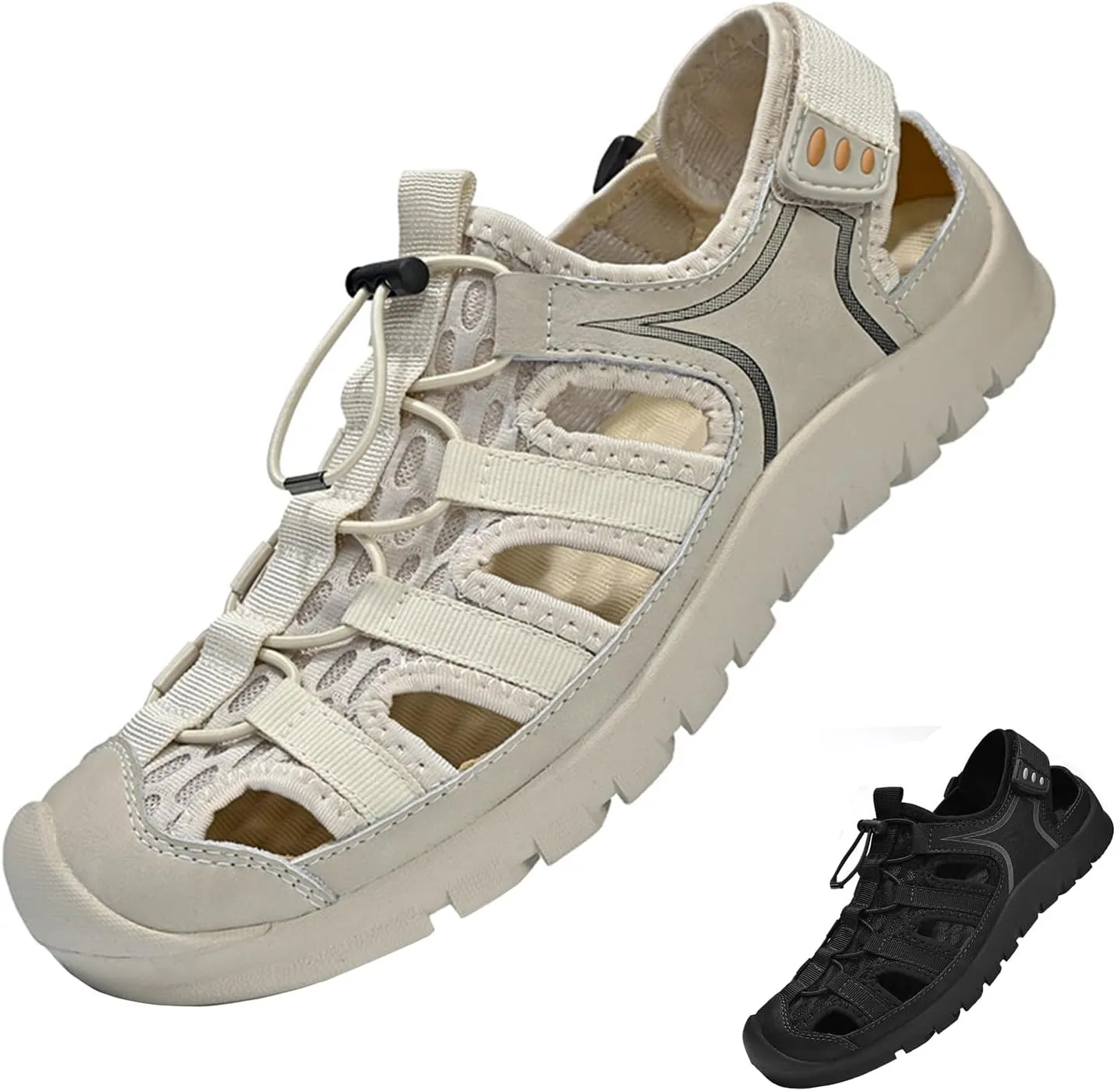 Zeberfi Men Hollow Genuine Leather Mesh Fisherman Sandals with Hook and Loop Fashion Lace Up Closed Round Toe Outdoor Athletic Casual Beach Shoes Summer Breathable Walking Sports Hiking Sandals