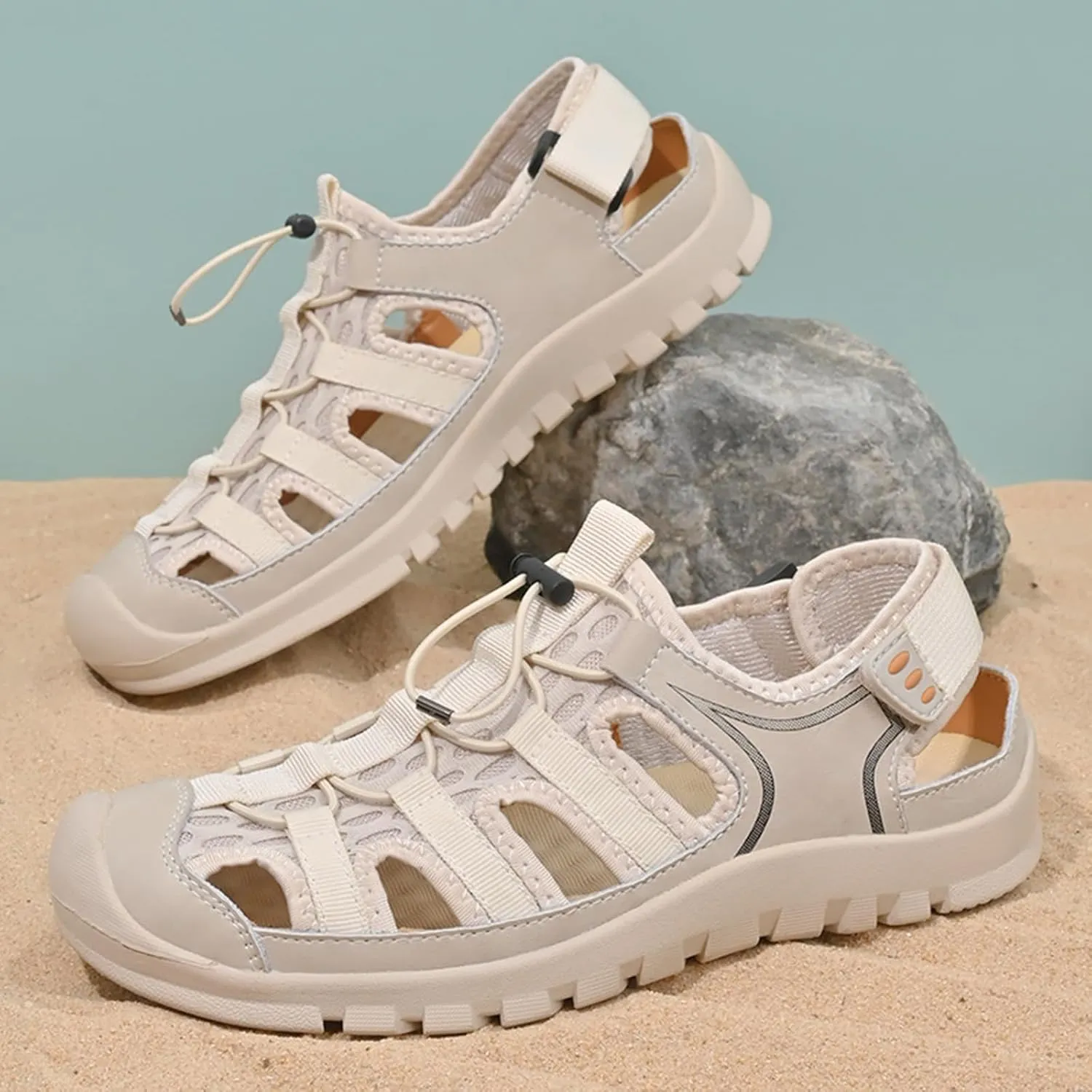 Zeberfi Men Hollow Genuine Leather Mesh Fisherman Sandals with Hook and Loop Fashion Lace Up Closed Round Toe Outdoor Athletic Casual Beach Shoes Summer Breathable Walking Sports Hiking Sandals