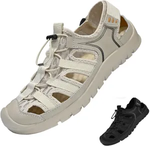 Zeberfi Men Hollow Genuine Leather Mesh Fisherman Sandals with Hook and Loop Fashion Lace Up Closed Round Toe Outdoor Athletic Casual Beach Shoes Summer Breathable Walking Sports Hiking Sandals